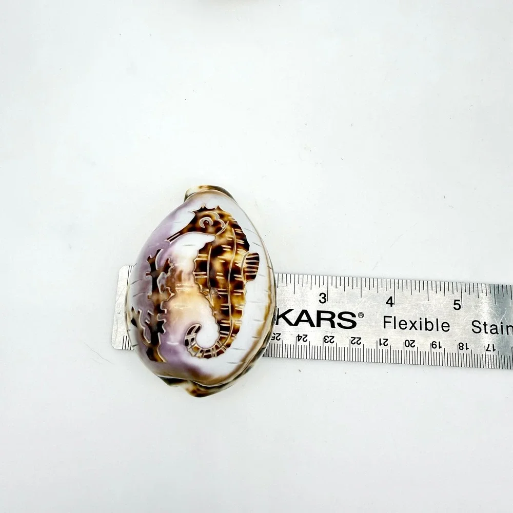 Vintage Carved Tiger Cowrie Shell‎ Pair Pelican Seahorse Cameo Coastal Estate